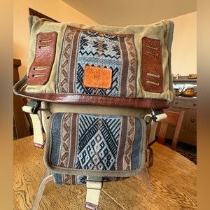 Will Leather Goods Green Canvas Leather Backpack Santa Fe Pattern